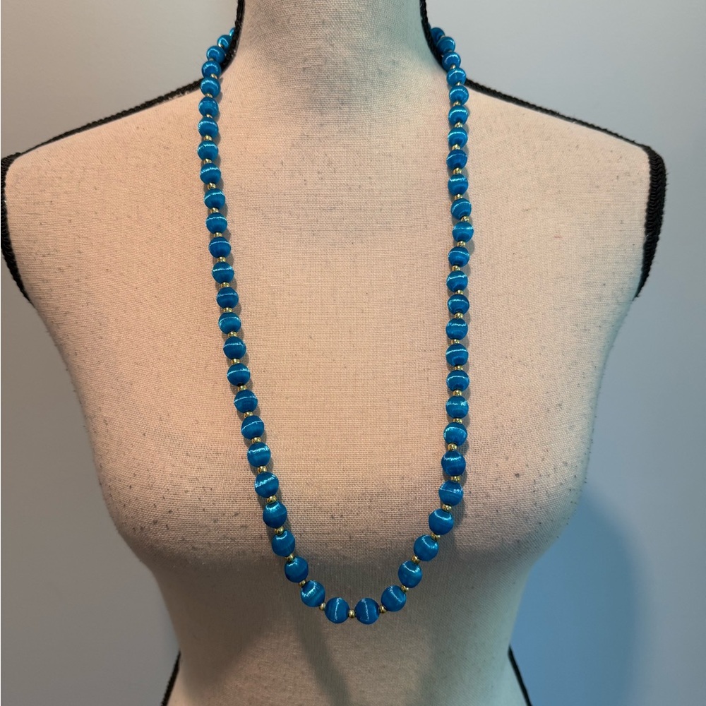 Vintage 90’s Blue Satin Covered Bead Necklace XL Length